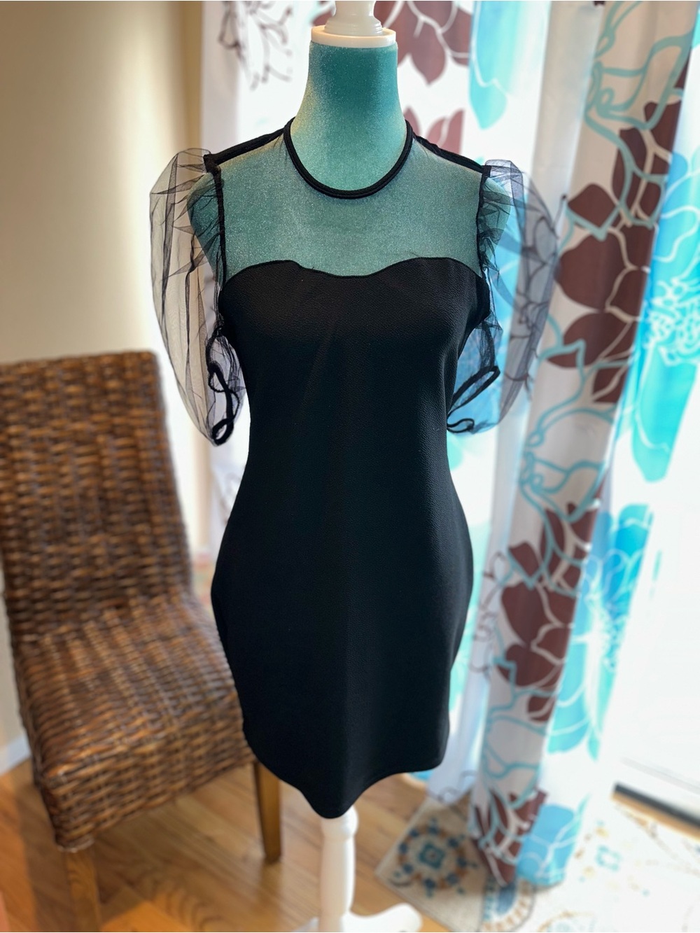 SHEIN Black Mini Dress with Sheer Puff Sleeves
